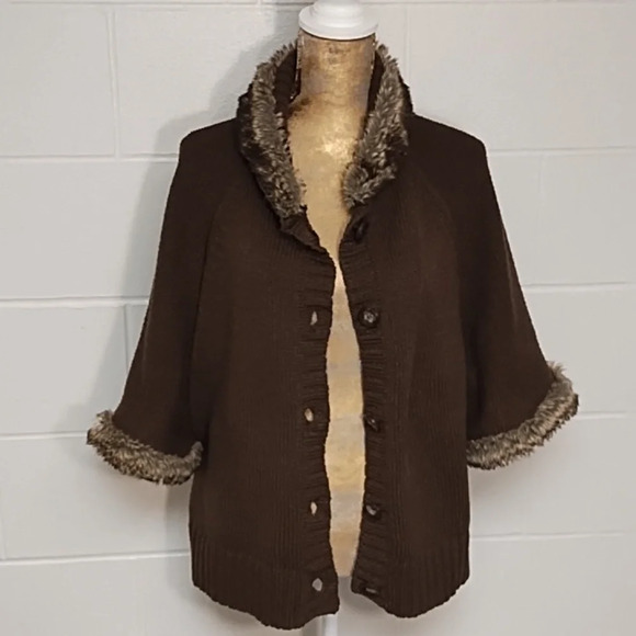 Daisy Fuentes Brown Button-up 3/4 Sleeve Faux Fur Trimmed Cardigan Jacket - Picture 12 of 17